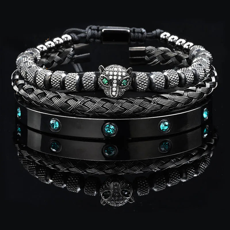 Leopard Head Black Stone Bead & Roman Bangle Jewelry Set