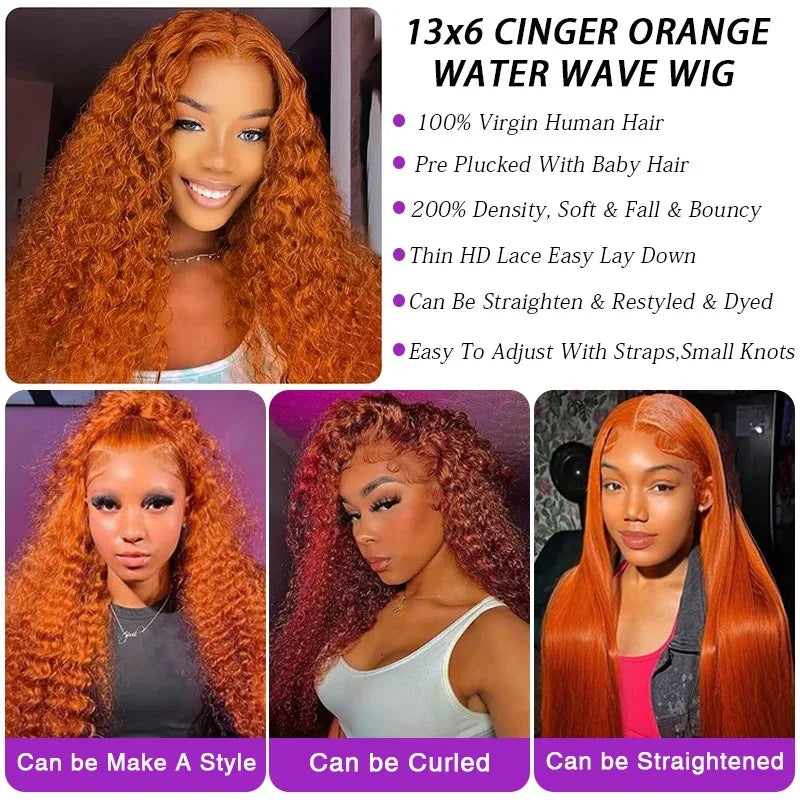 Ultra-Thick 260% Density Water Wave Ginger Orange HD Lace Wig - 34” Deep Curly Human Hair Frontal Wig - Undetectable 13x4 or 13x6 Lace