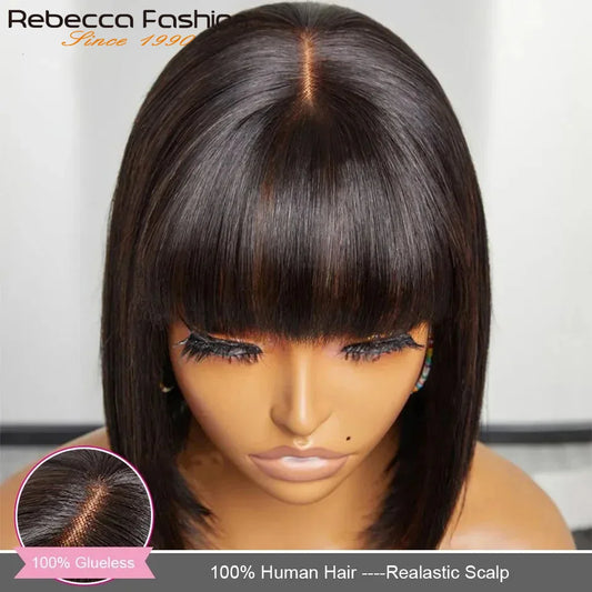 Brazilian Straight Human Hair Bob Wig with Bangs - Realistic Scalp Lace Frontal Fringe Wig