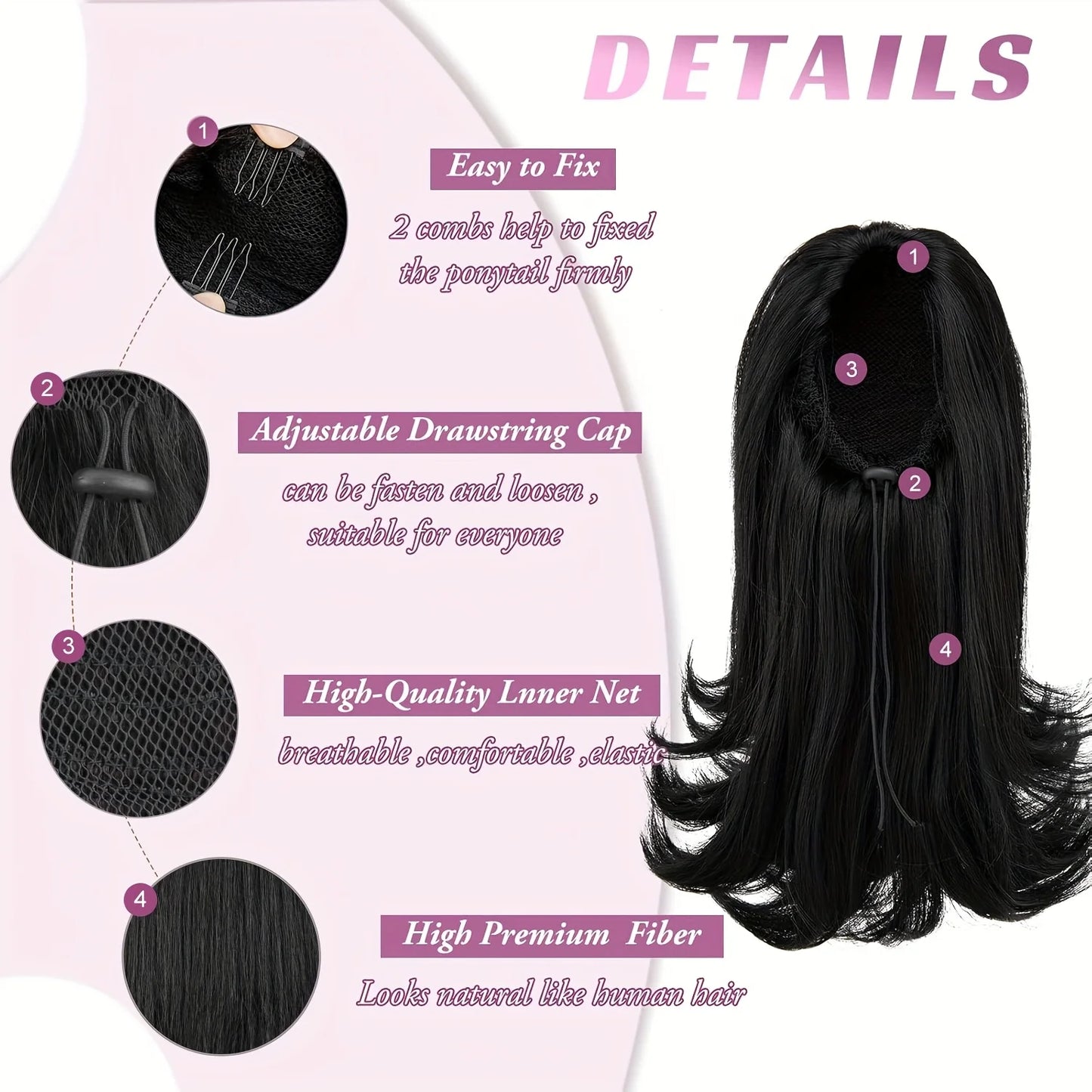 Kinky Straight Drawstring Ponytail Extension for Afro Hair – Natural Black Synthetic Ponytail Hairpiece