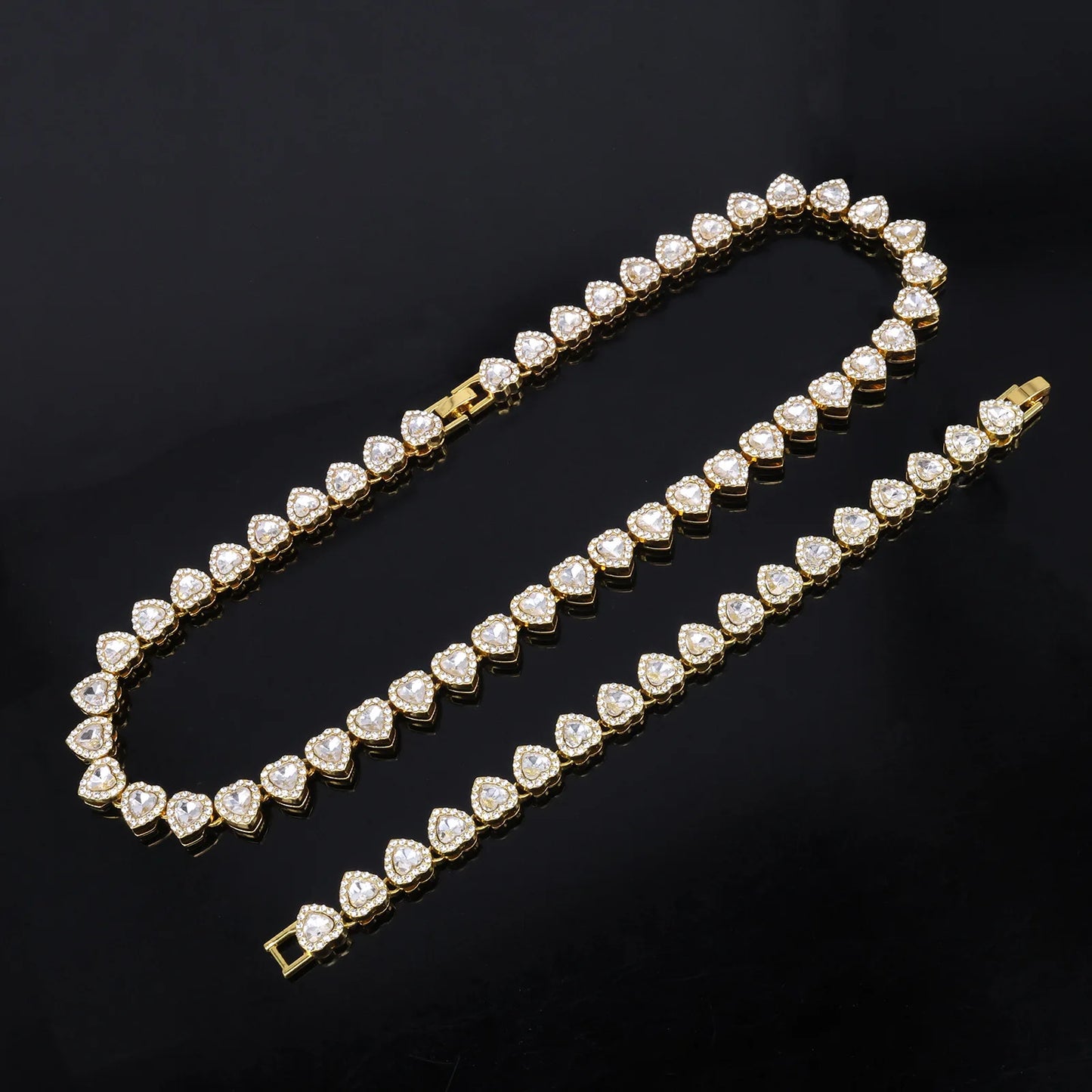 Iced-Out CZ Tennis Chain & Bracelet Set – Hip Hop Heart Pendant Jewelry