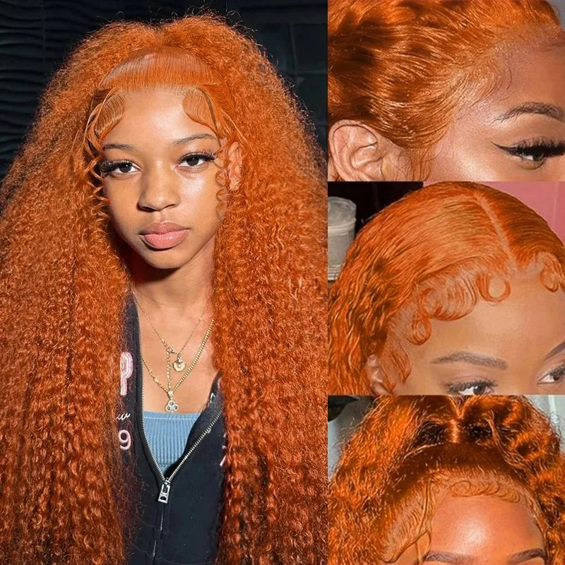 Ultra-Thick 260% Density Water Wave Ginger Orange HD Lace Wig - 34” Deep Curly Human Hair Frontal Wig - Undetectable 13x4 or 13x6 Lace