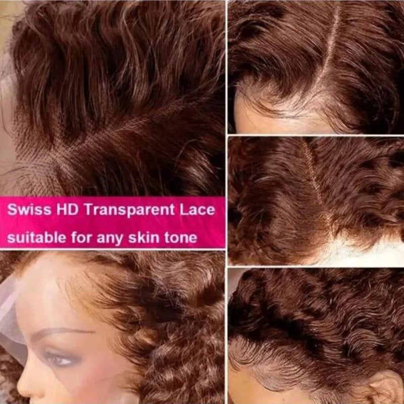 Chocolate Brown Deep Wave 13x4 HD Lace Frontal Wigs Human Hair Transparent Pre Plucked 250% Density Water Wave Lace Frontal Wigs