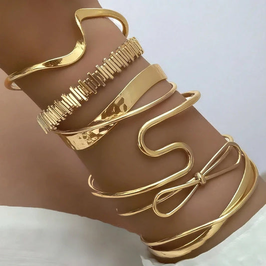 6-Piece Gold Bow Bangle Set - Vintage Geometric Statement Bracelets