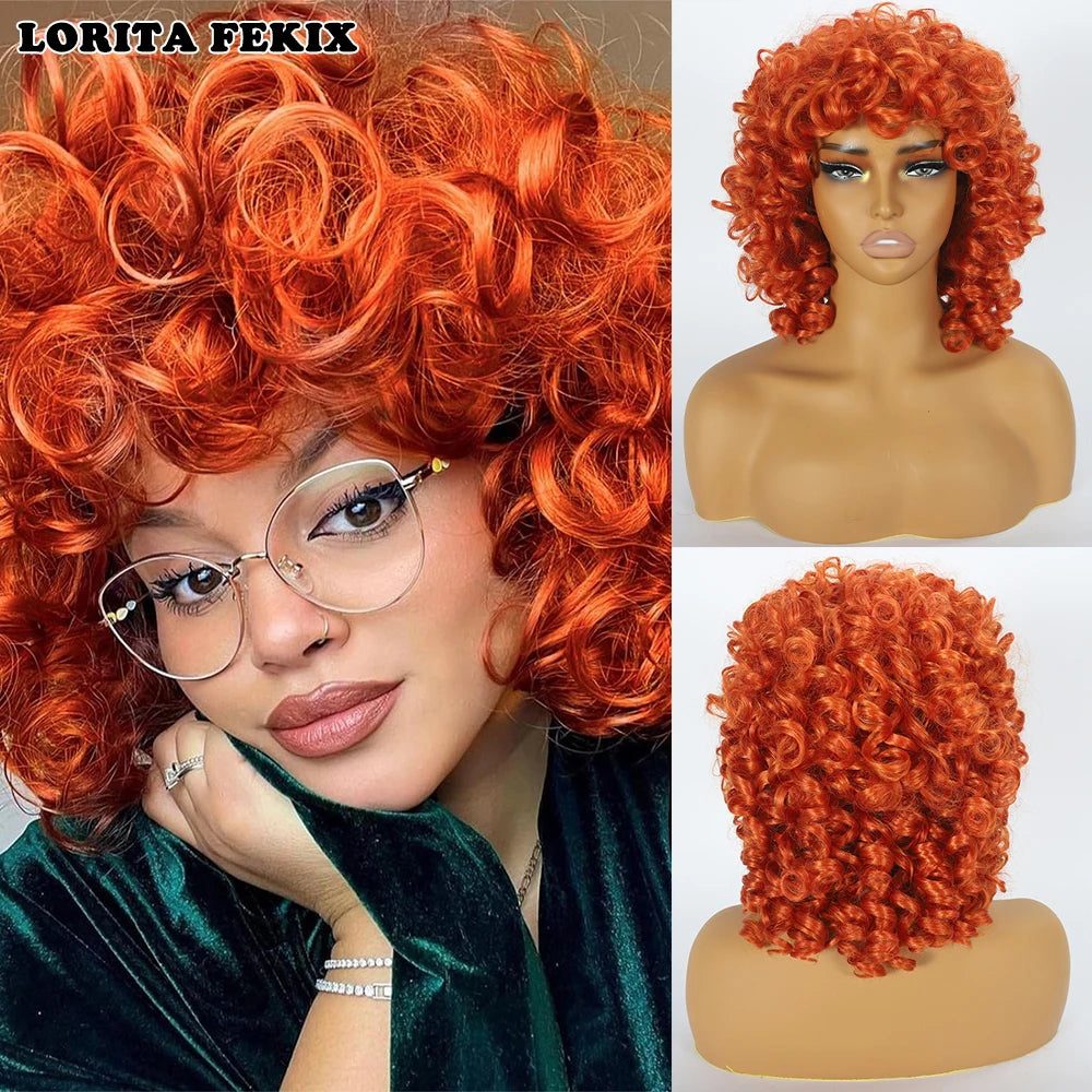 Beginner Friendly Glueless Red Curly Wig - Natural Look Short Afro Style with Bangs