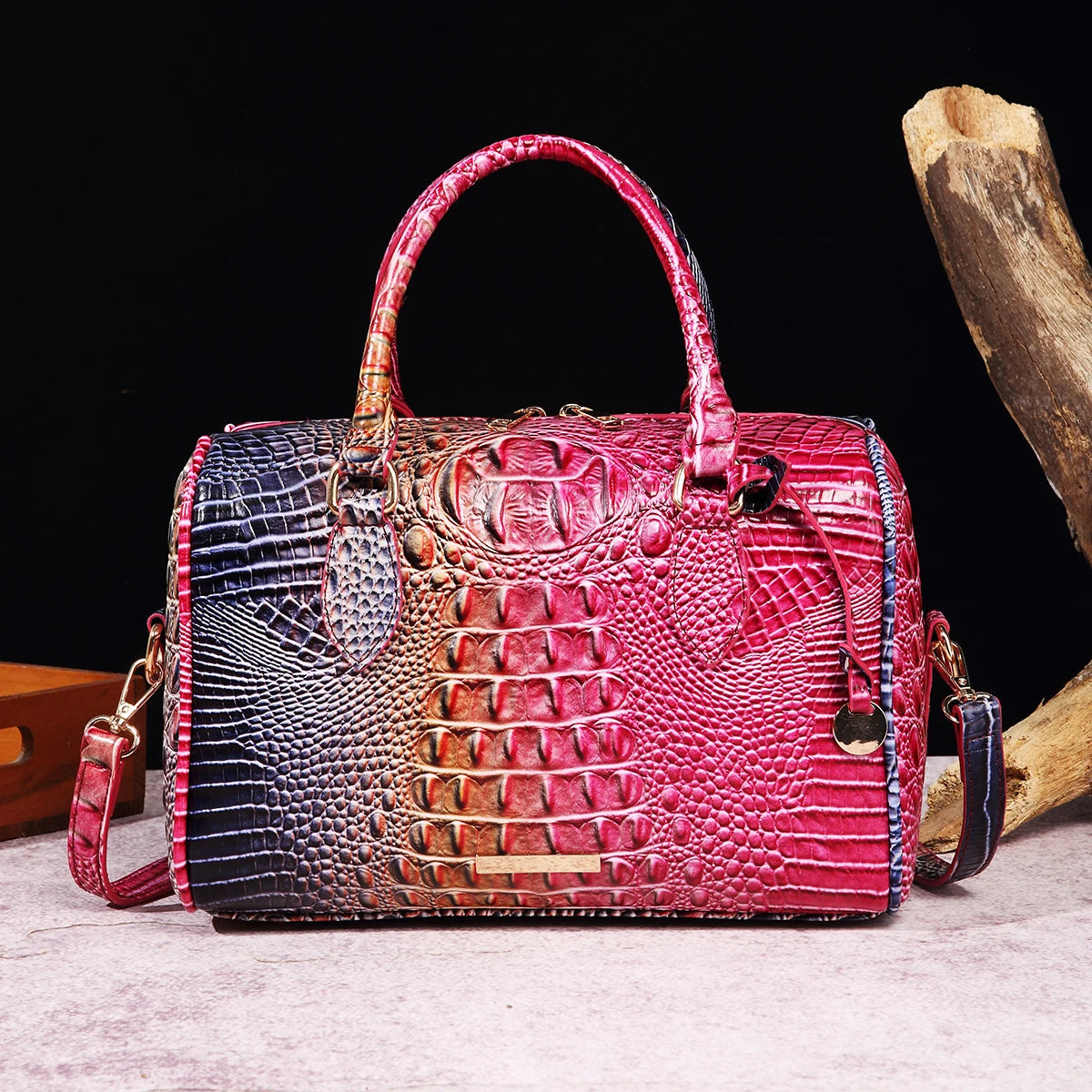 Ombre Crocodile Embossed Leather Boston Bag - Classic Satchel Handbag & Crossbody Purse for Women - Croc-Effect Top Handle Bag