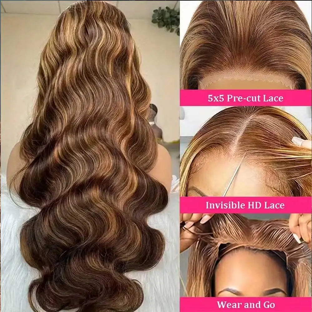 Honey Blonde Highlight Body Wave HD Lace Frontal Wig