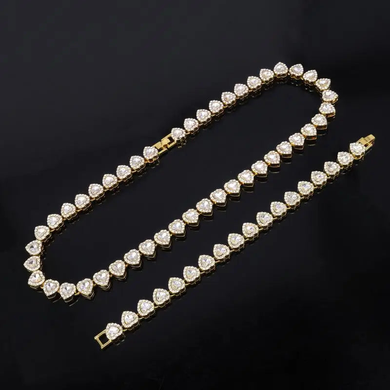 45cm CZ Heart Tennis Chain Set – Shiny Rhinestone Necklace & Bracelet Hip Hop Party Jewelry