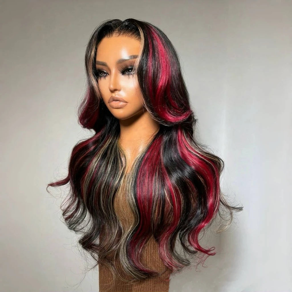 Red & Black Ombre Body Wave Synthetic Wig – 13x6 Lace Front with Blonde Highlights