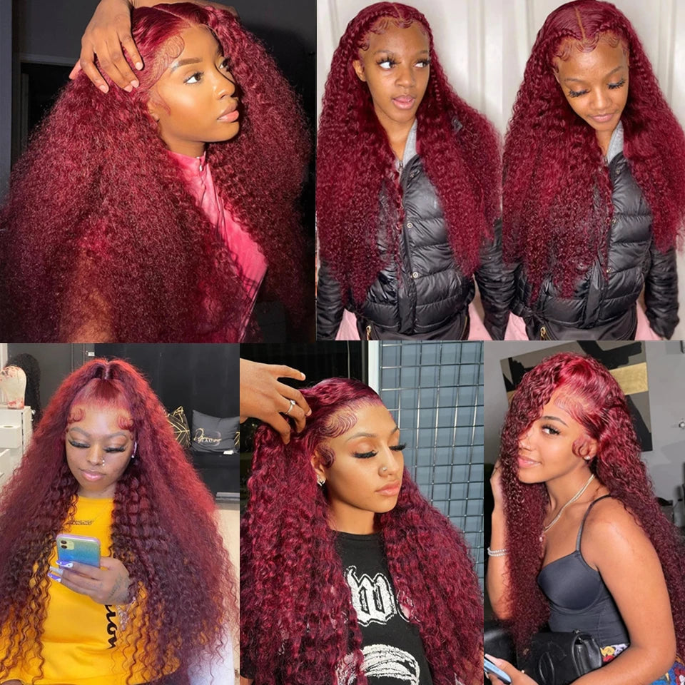 99J Burgundy Deep Wave Curly Wig – 13x6 HD Lace Frontal, Brazilian Human Hair, Pre-Plucked & Natural Hairline (30–36”)