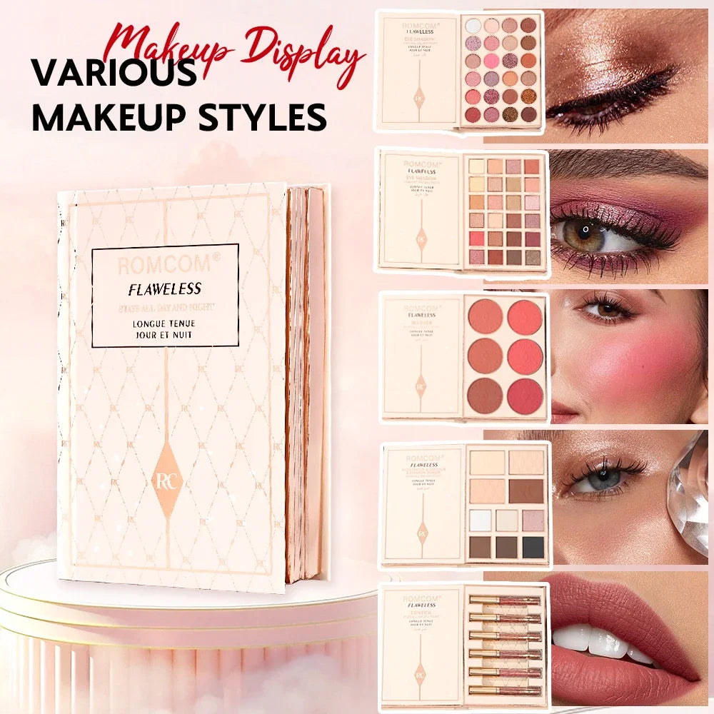 Full Glam Makeup Kit Palette - All-In-One Magic Book with Eyeshadow, Blush & Lip Gloss