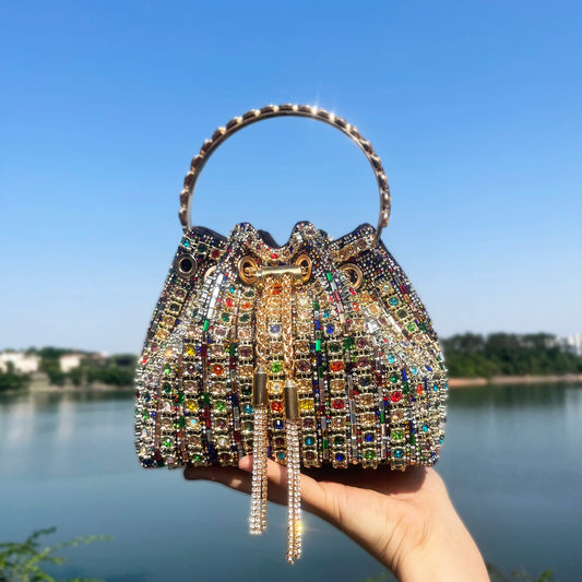 Luxury Crystal Rhinestone Bucket Bag - Elegant Evening Clutch & Shoulder Purse