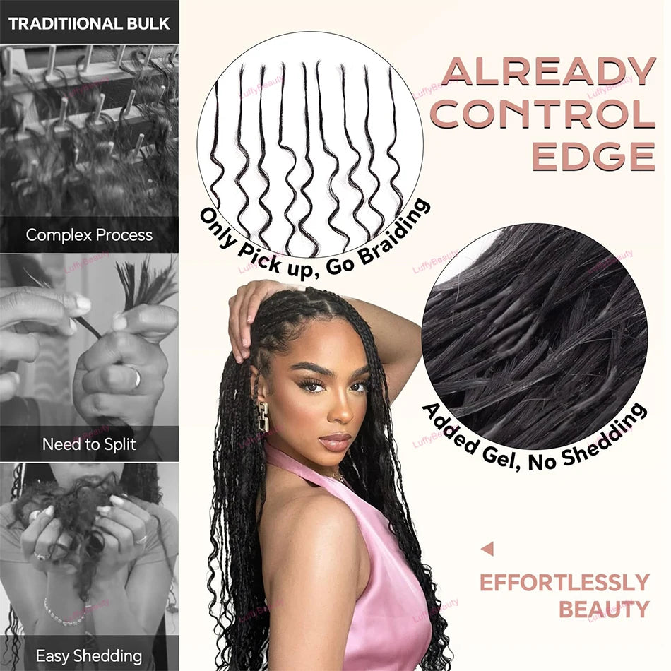 Loose Deep Wave Human Hair Bulk – Pre-Stretched Pre-Sectioned Braiding Hair for Boho Braids, Double Drawn Extensions