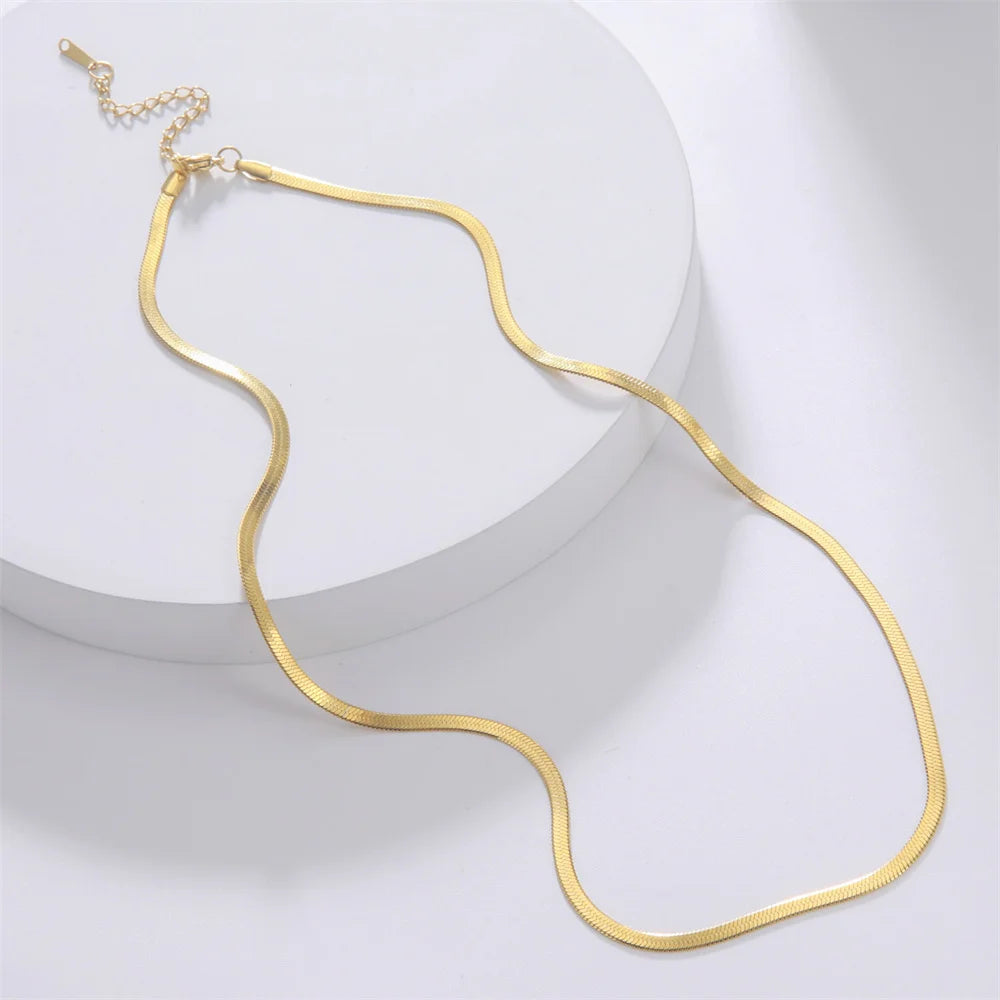 Gold Stainless Steel Flat Herringbone Chain Necklace – Unisex Snake Chain Choker Choker