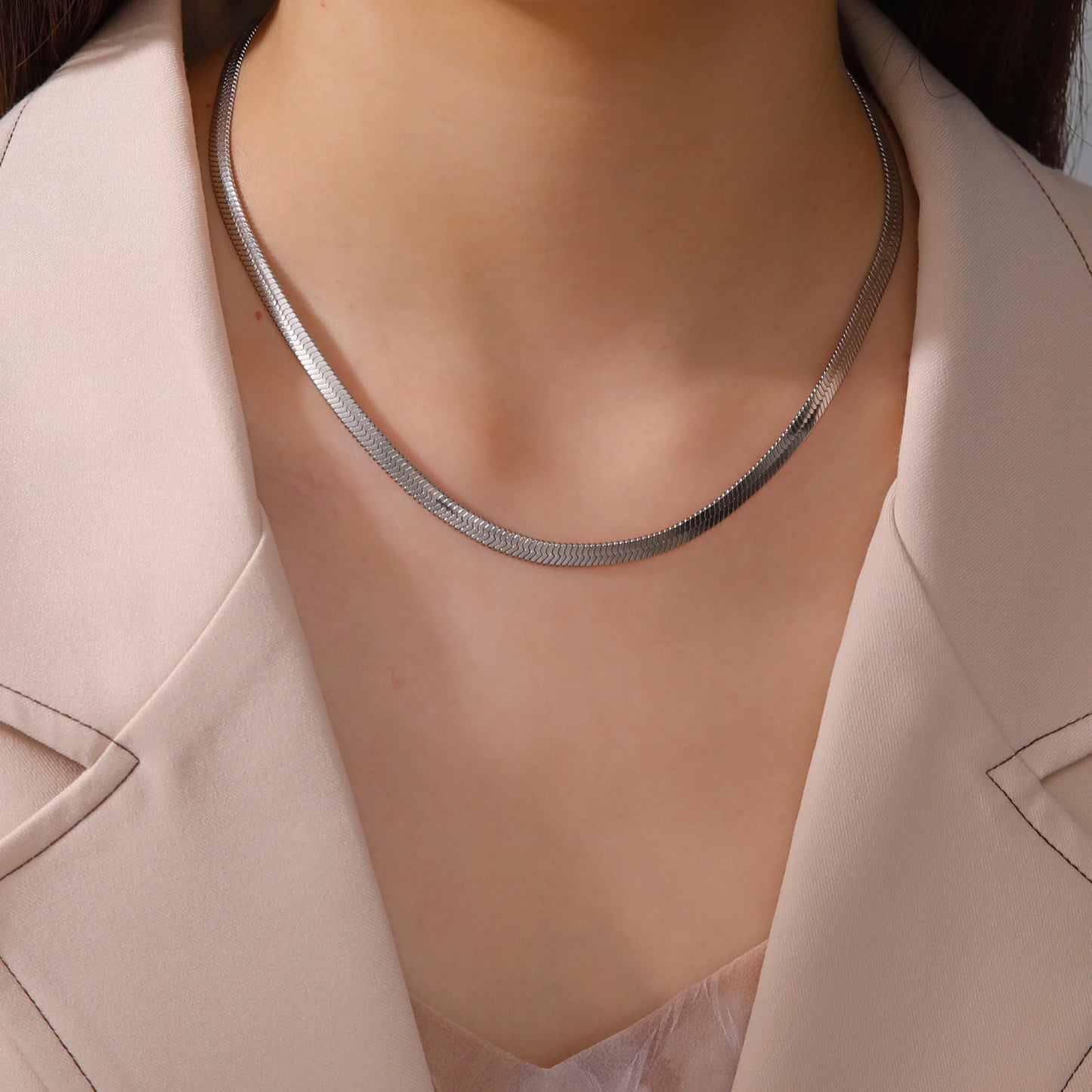 Gold Stainless Steel Flat Herringbone Chain Necklace – Unisex Snake Chain Choker Choker