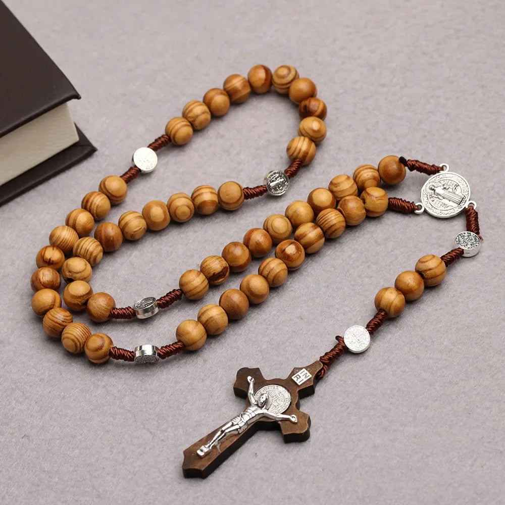 Traditional Wood Beaded Rosary Necklace with INRI Crucifix
