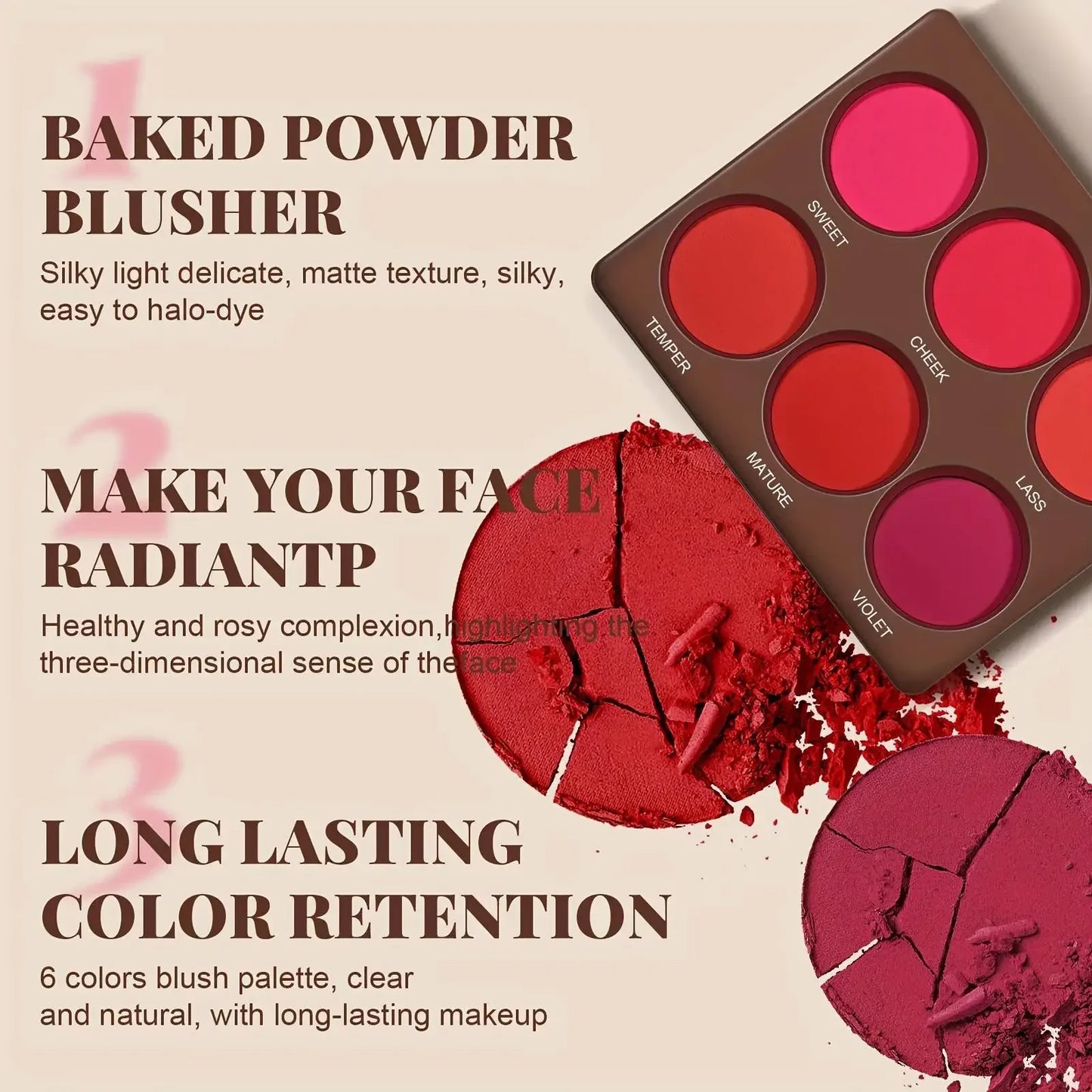 6-Color Matte Blush Palette - Waterproof & Long-Lasting Face Makeup - Natural Finish, Medium Buildable Coverage