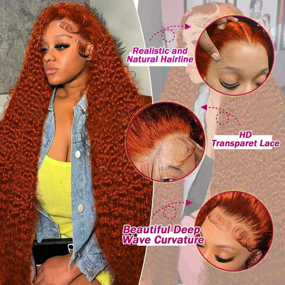 350 Copper Ginger Deep Wave Human Hair Wig: 30-34 Inch 13x6 HD Lace Frontal, 250% Density