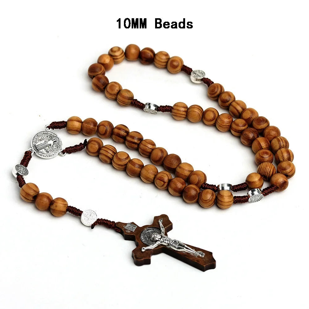 Traditional Wood Beaded Rosary Necklace with INRI Crucifix