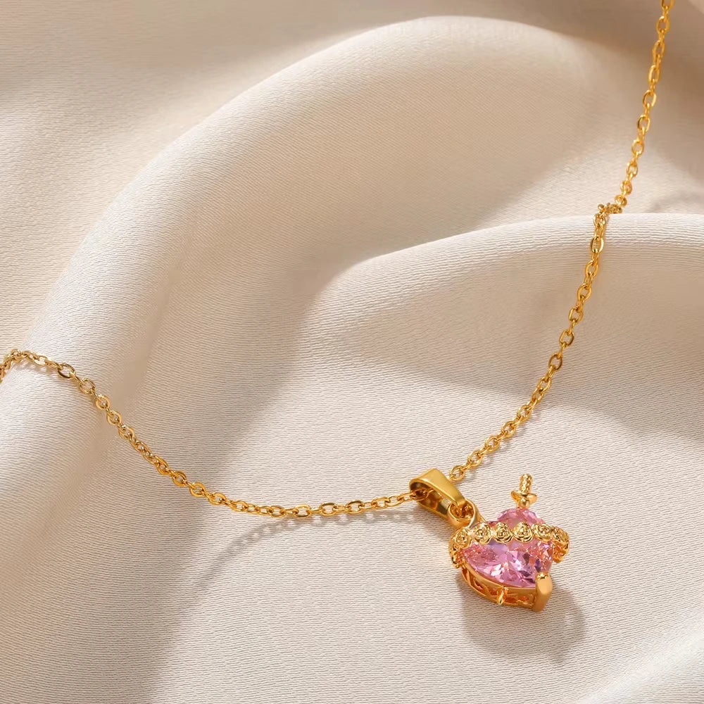 Gold Stainless Steel Cupid's Arrow Pendant – Pink Heart Zircon Necklace