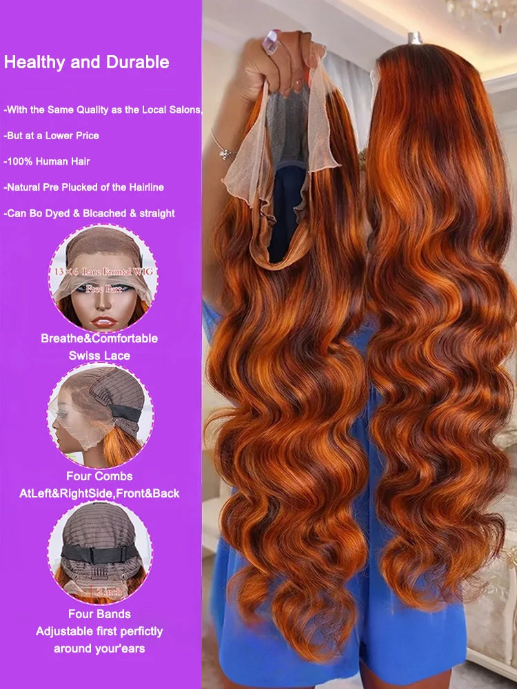 #4/350 Highlight Ombre Body Wave Lace Frontal Wig - 13x6 HD Lace Ginger Orange Brown Colored Human Hair Wig