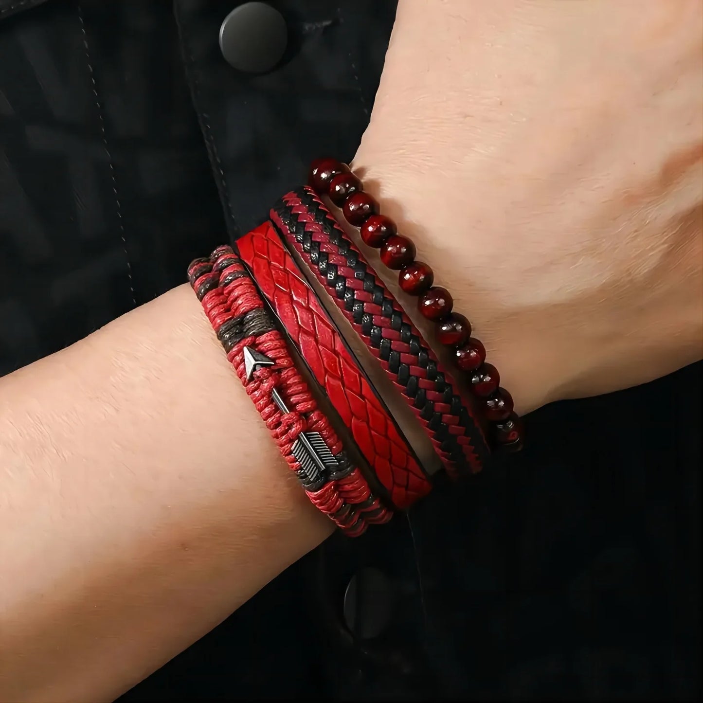 Vintage Leather & Wooden Bead Bracelet for Men – Hand-Woven Retro Cupid's Arrow Charm
