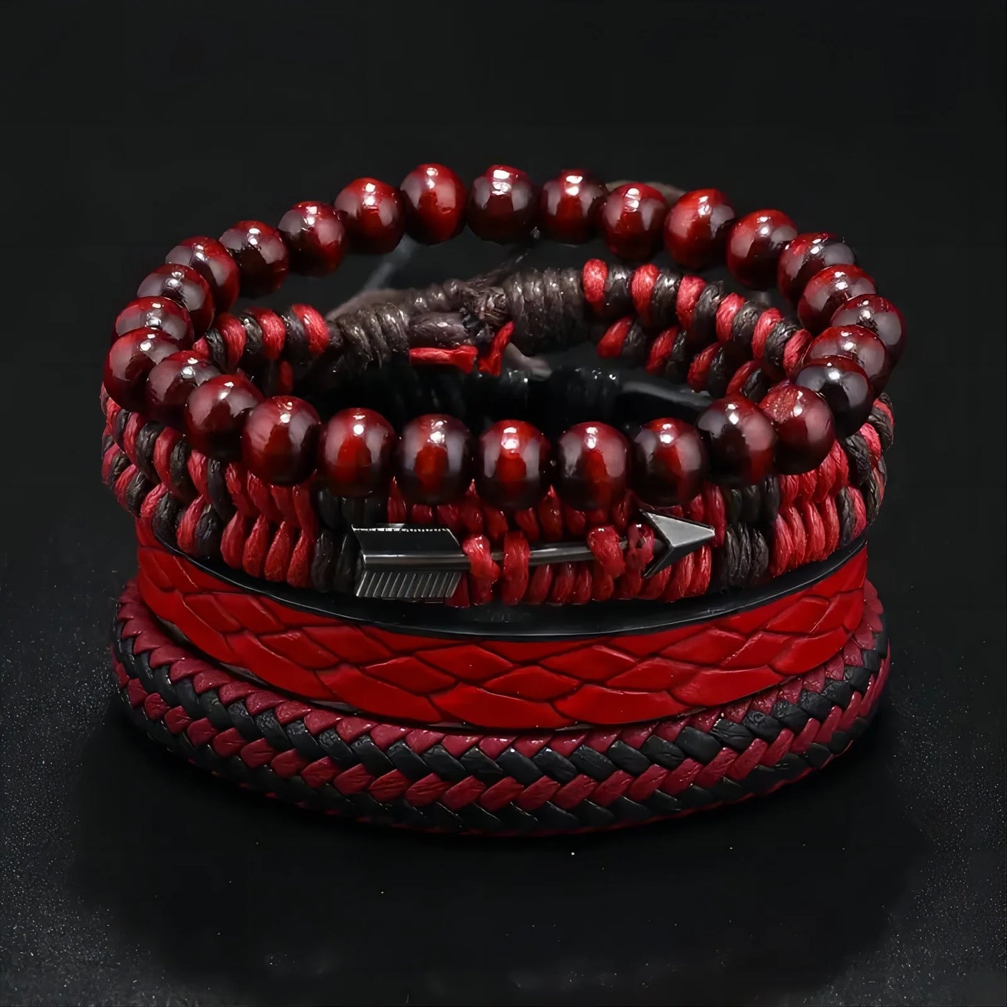 Vintage Leather & Wooden Bead Bracelet for Men – Hand-Woven Retro Cupid's Arrow Charm