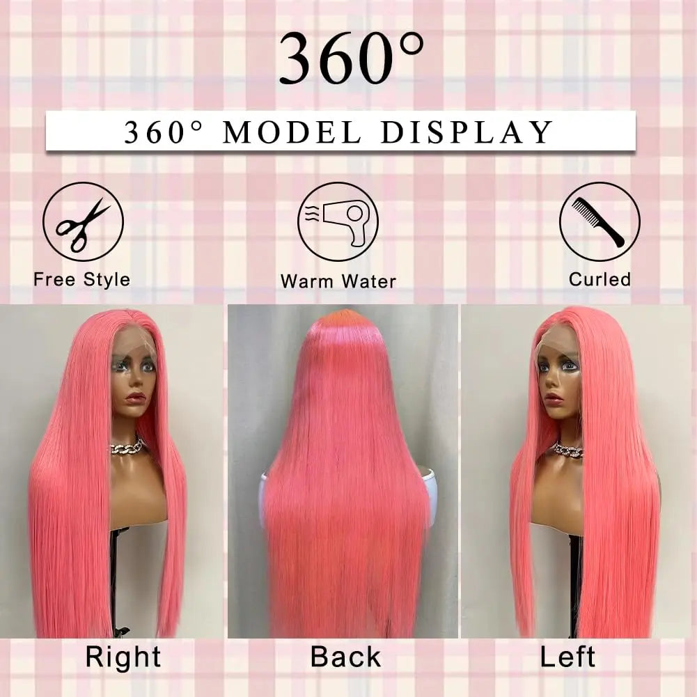 💖 30 Inch Pink Straight HD Lace Front Wig – 13x6 Human Hair Wig, Pre-Plucked Brazilian Virgin Hair, 200% Density