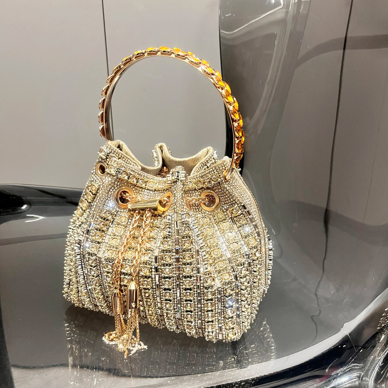 Luxury Crystal Rhinestone Bucket Bag - Elegant Evening Clutch & Shoulder Purse