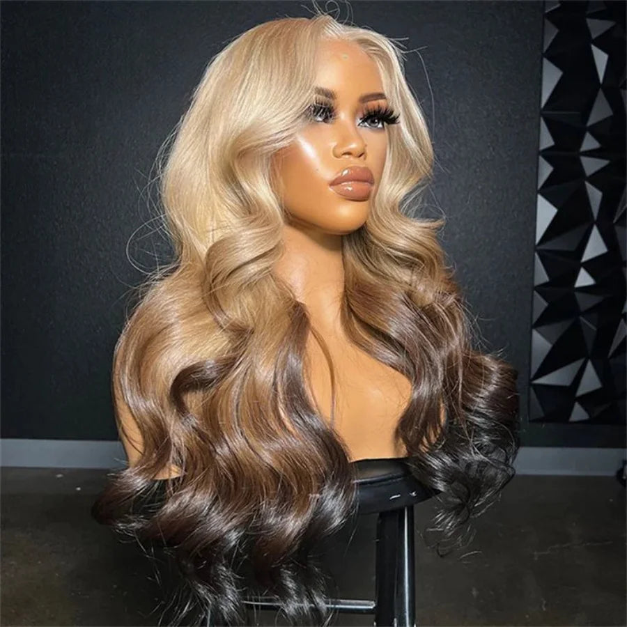 Red & Black Ombre Body Wave Synthetic Wig – 13x6 Lace Front with Blonde Highlights