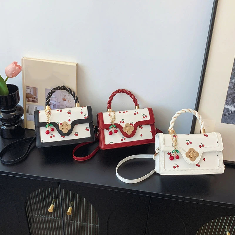 Luxury Cherry Print Crossbody Bag - High-Quality Square Shoulder Bag with Top Handle