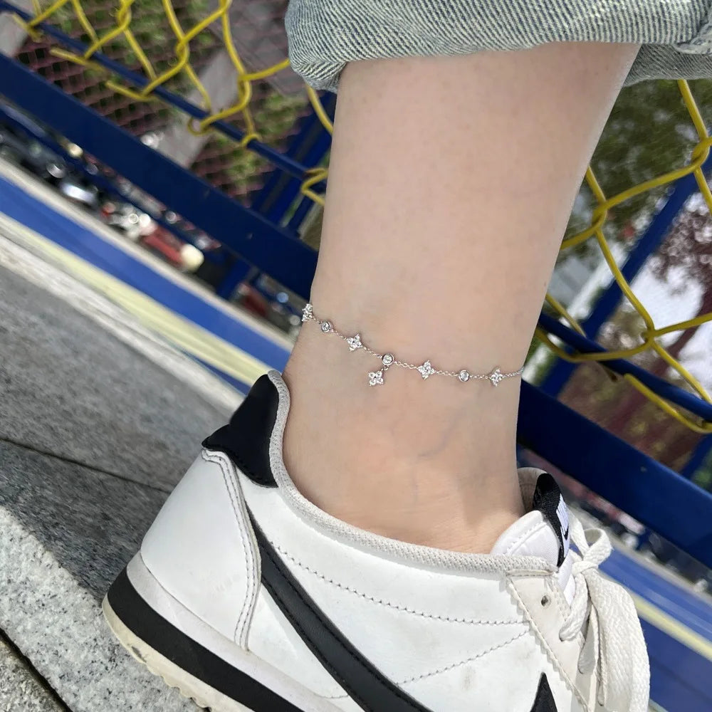 Luxury 925 Sterling Silver Clover Anklet – Dainty CZ Crystal Lucky Flower Charm Foot Jewelry for Women