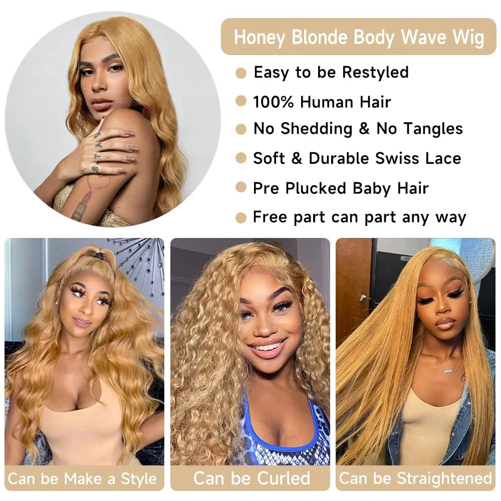Honey Blonde Body Wave 13x6 HD Lace Frontal Wig – 210% Density #27 Brazilian Human Hair