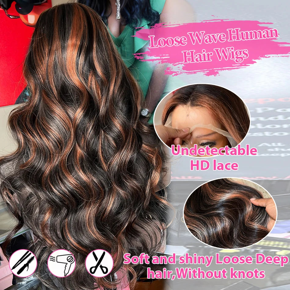HD Lace Frontal Wig: 30" Body Wave Human Hair with Brown Highlights (220% Density)