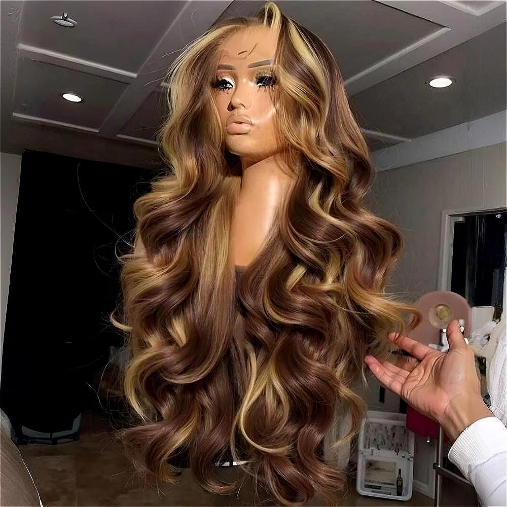 Glueless 4/27 Highlight Body Wave Human Hair Wig | 30-Inch Honey Blonde HD Frontal