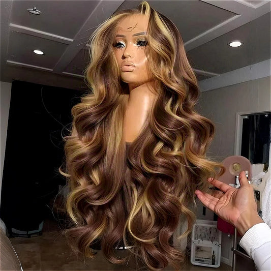 Glueless 4/27 Highlight Body Wave Human Hair Wig | 30-Inch Honey Blonde HD Frontal