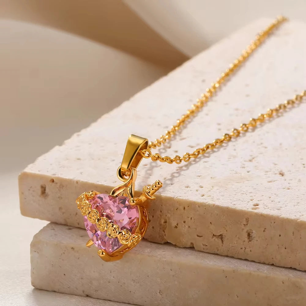 Gold Stainless Steel Cupid's Arrow Pendant – Pink Heart Zircon Necklace
