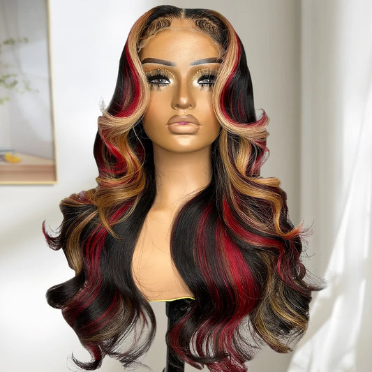 Red & Black Ombre Body Wave Synthetic Wig – 13x6 Lace Front with Blonde Highlights