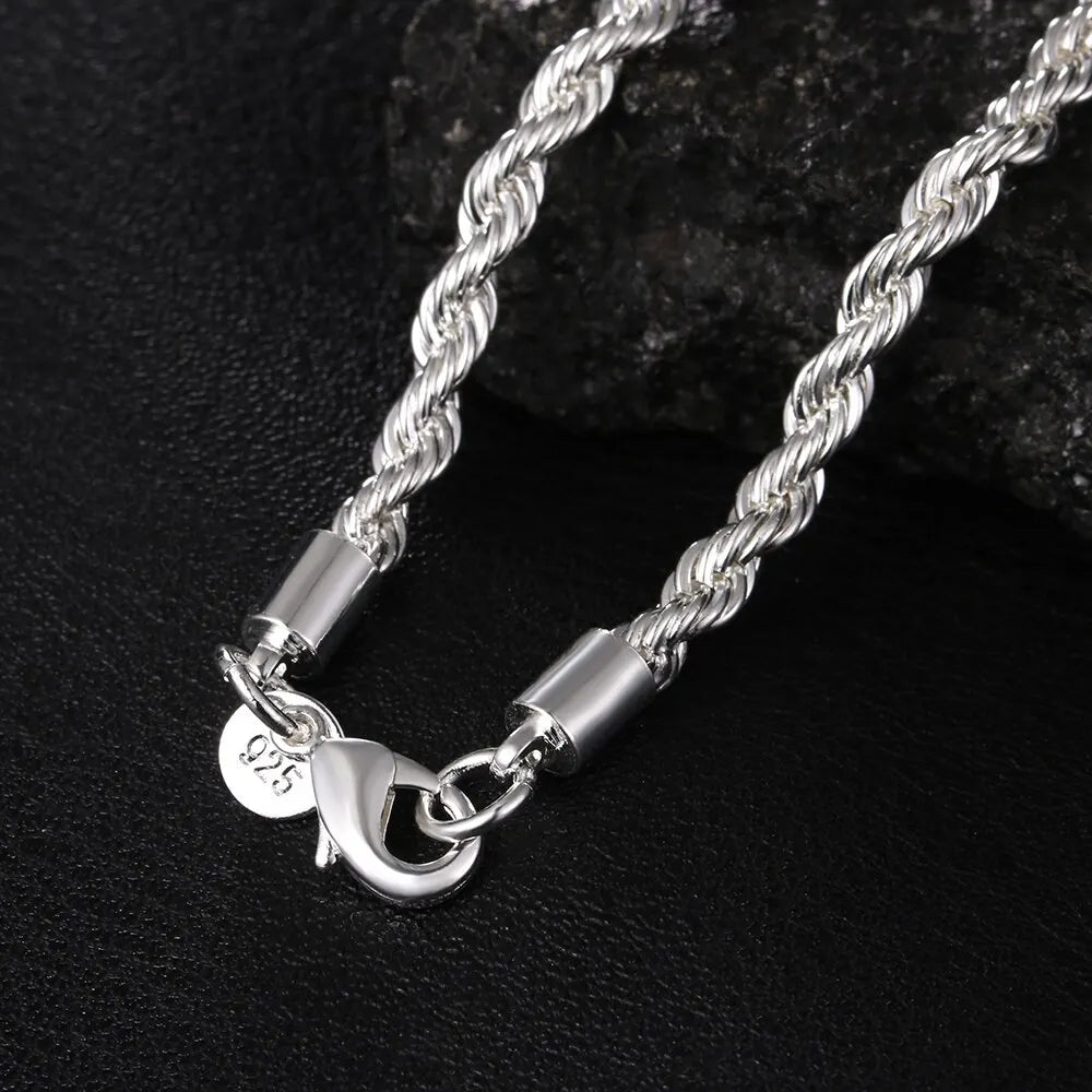 High-Quality Silver Twisted Rope Jewelry Set | 4mm Chain Necklace & Matching Bracelet