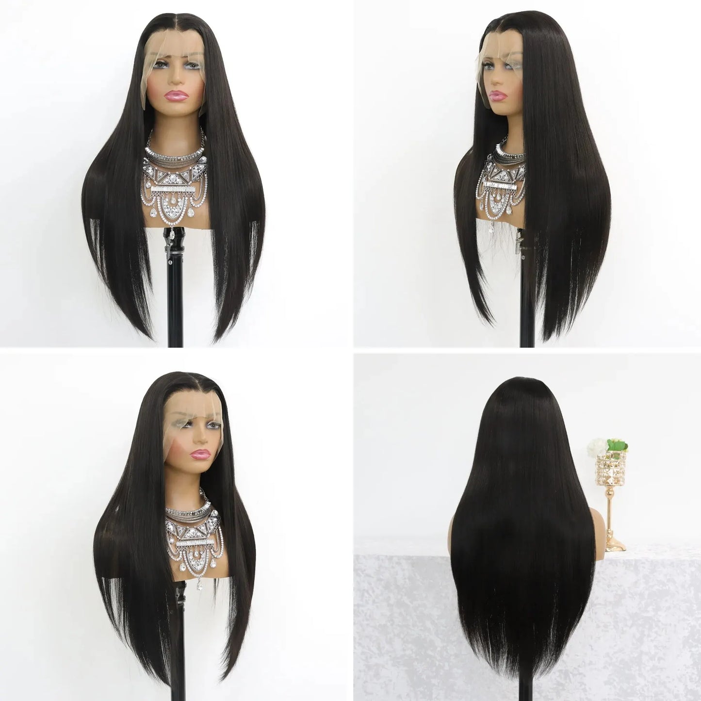 Long Straight Synthetic Lace Frontal Wig - 24” HD Lace, Heat Resistant Fiber, Natural Black
