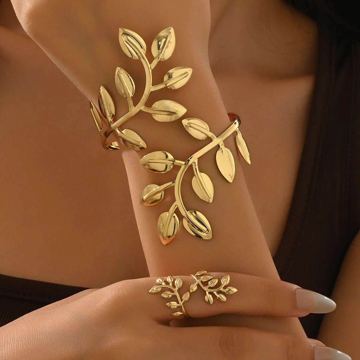 Sculpted 3D Leaf Hand Chain & Ring Set | Unisex Adjustable Harness Bracelet
