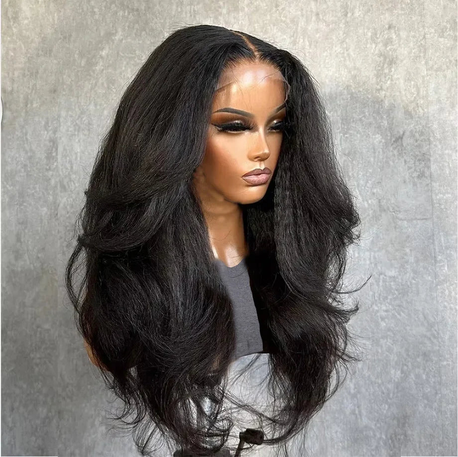 26" Yaki Kinky Straight Lace Front Wig – 180% Density Pre-Plucked Synthetic Hair