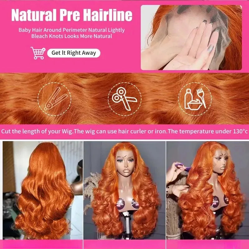 Ginger Orange Wet and Wavy Lace Front Human Hair Wig – 30-34 Inch HD 13x4 Frontal