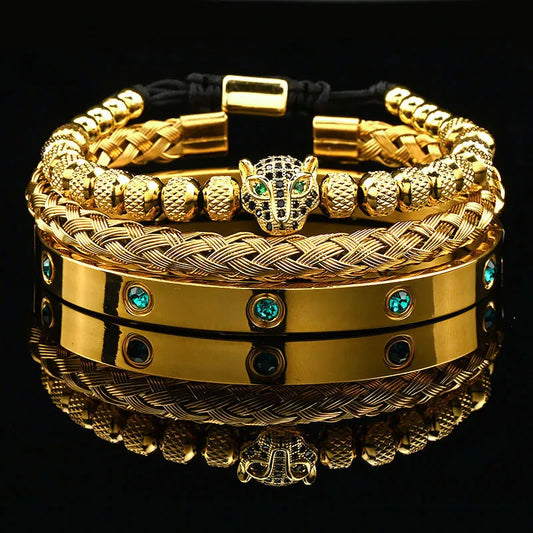 Leopard Head Black Stone Bead & Roman Bangle Jewelry Set