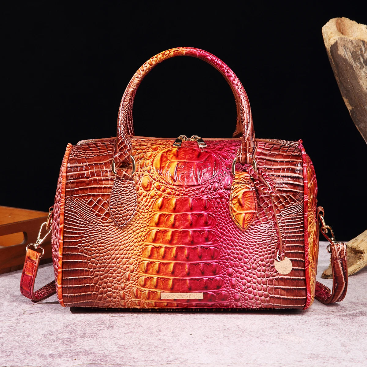 Ombre Crocodile Embossed Leather Boston Bag - Classic Satchel Handbag & Crossbody Purse for Women - Croc-Effect Top Handle Bag