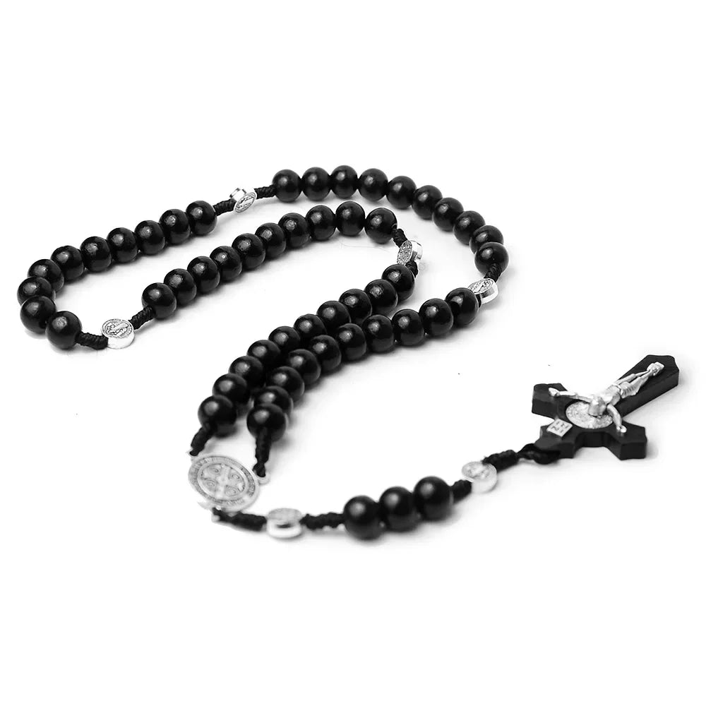 Traditional Wood Beaded Rosary Necklace with INRI Crucifix