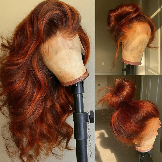 #4/350 Highlight Ombre Body Wave Lace Frontal Wig - 13x6 HD Lace Ginger Orange Brown Colored Human Hair Wig