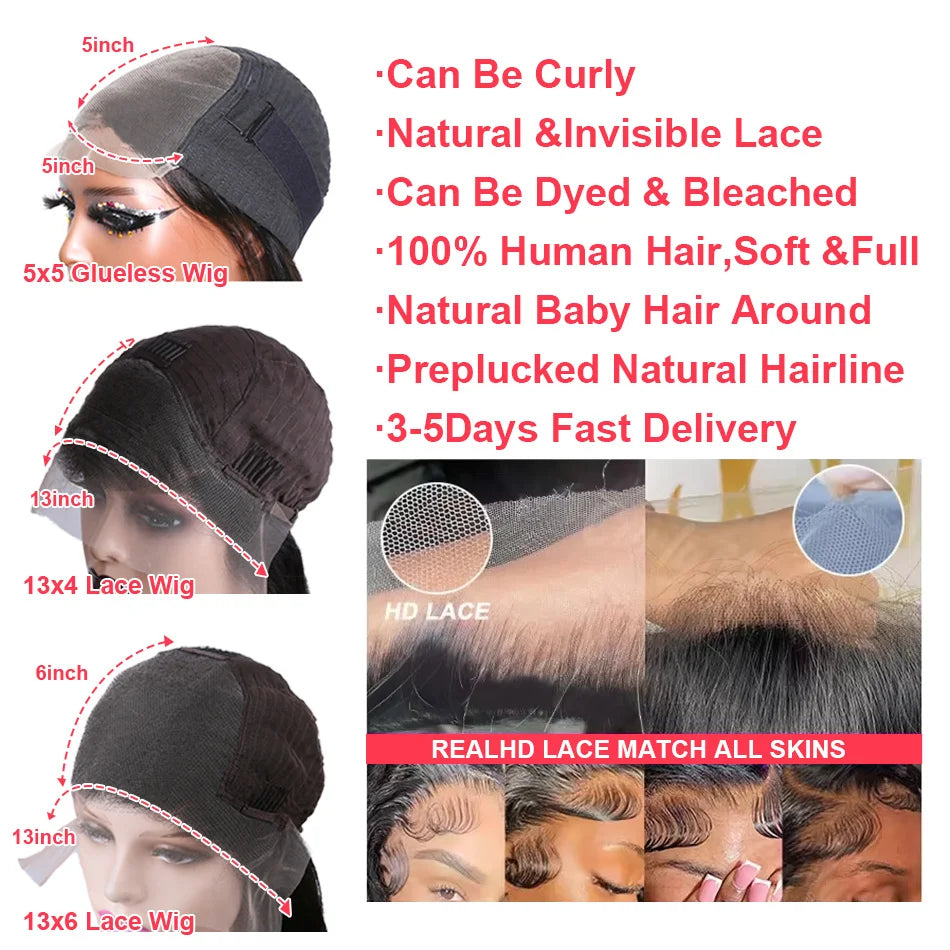 HD Lace Body Wave Human Hair Wig - 250% Density 13x6 Frontal & 5x5 Glueless Options (30-40 Inch)
