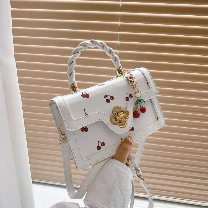 Luxury Cherry Print Crossbody Bag - High-Quality Square Shoulder Bag with Top Handle
