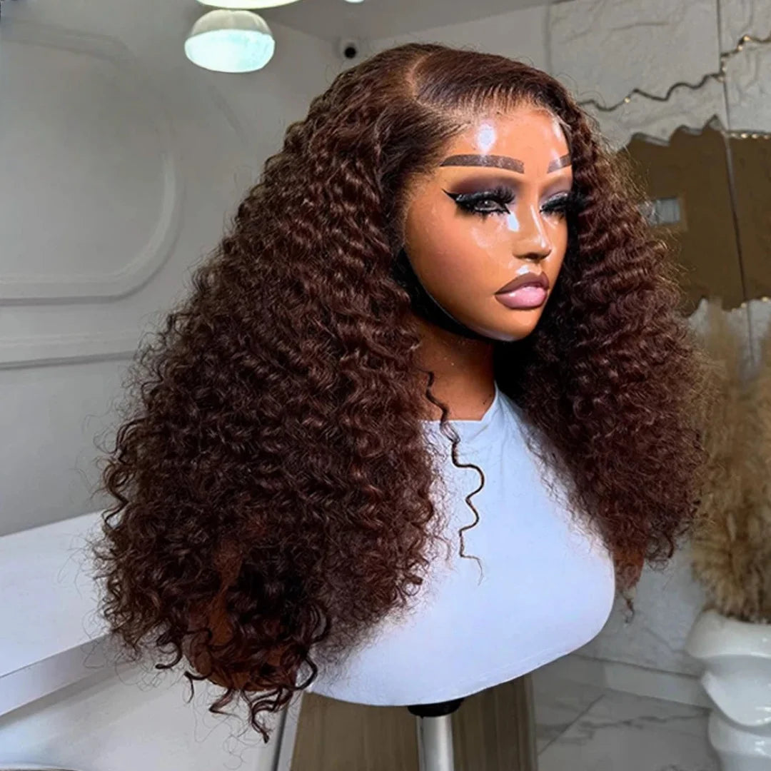 Long Kinky Curly Glueless Wig | Dark Brown 26-Inch | 180% Density Pre-plucked Lace Front synthetic